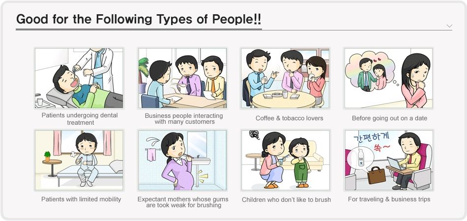 Good for the Following Types of People!! Patients undergoing dental treatment / Business people interacting with many customers / Coffee & tobacco lovers / Before going out on a date / Patients with limited mobility / Expectant mothers whose gums are took weak for brushing / Children who don't like to brush / For traveling & business trips